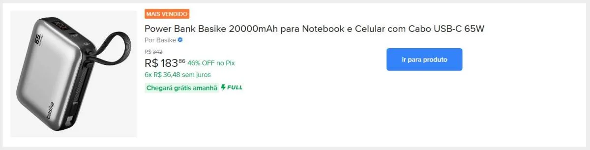 Power Bank Basike 20000mAh para Notebook e Celular com Cabo USB-C 65W