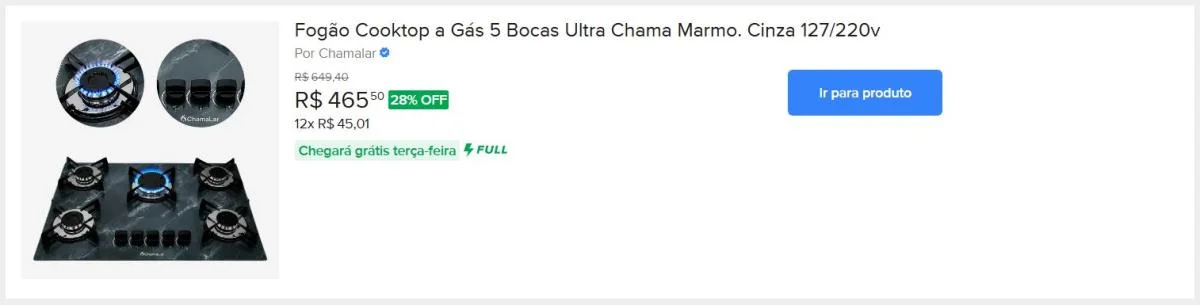 Fogão Cooktop a Gás 5 Bocas Ultra Chama Marmo. Cinza 127/220v