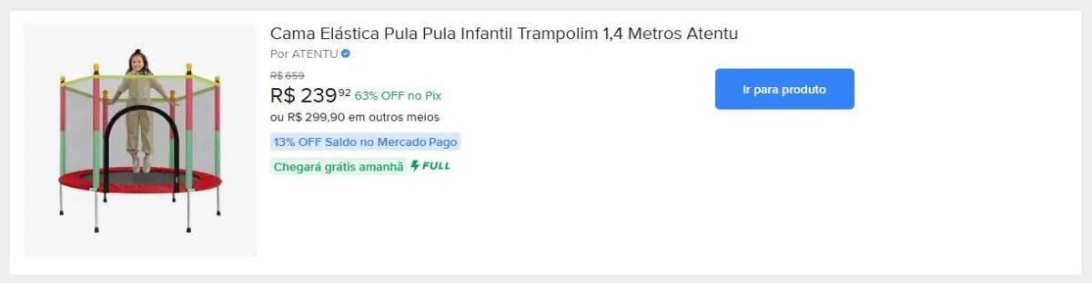 Cama Elástica Pula Pula Infantil Trampolim 1,4 Metros Atentu