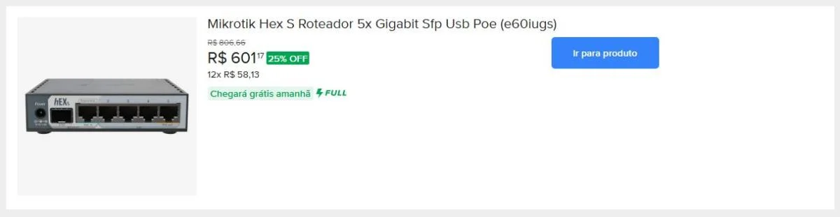  Mikrotik Hex S Roteador 5x Gigabit Sfp Usb Poe (e60iugs) Novo  |  +1000 vendidos Mikrotik Hex S Roteador 5x Gigabit Sfp Usb Poe (e60iugs)