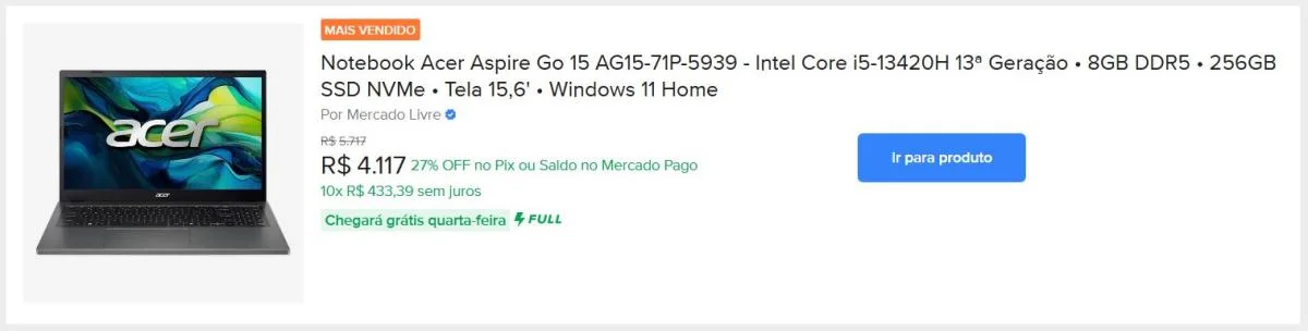 Notebook Acer Aspire Go 15 AG15-71P-5939 - Intel Core i5-13420H 13ª Geração • 8GB DDR5 • 256GB SSD NVMe • Tela 15,6' • Windows 11 Home