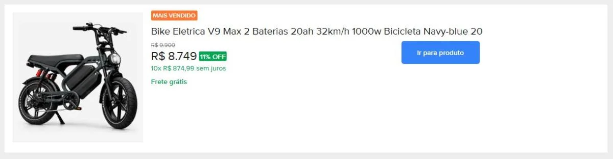 Bike Eletrica V9 Max 2 Baterias 20ah 32km/h 1000w Bicicleta