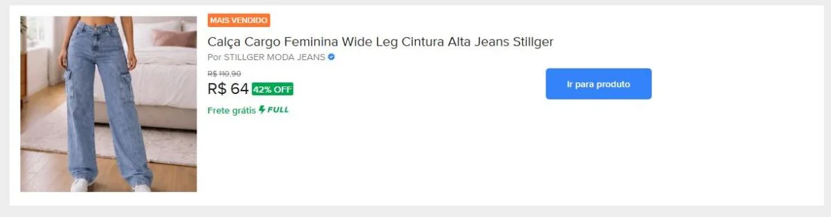 Calça Cargo Feminina Wide Leg Cintura Alta Jeans Stillger